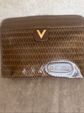 Valentino Brown Monogram Clutch with Gold V Accent
